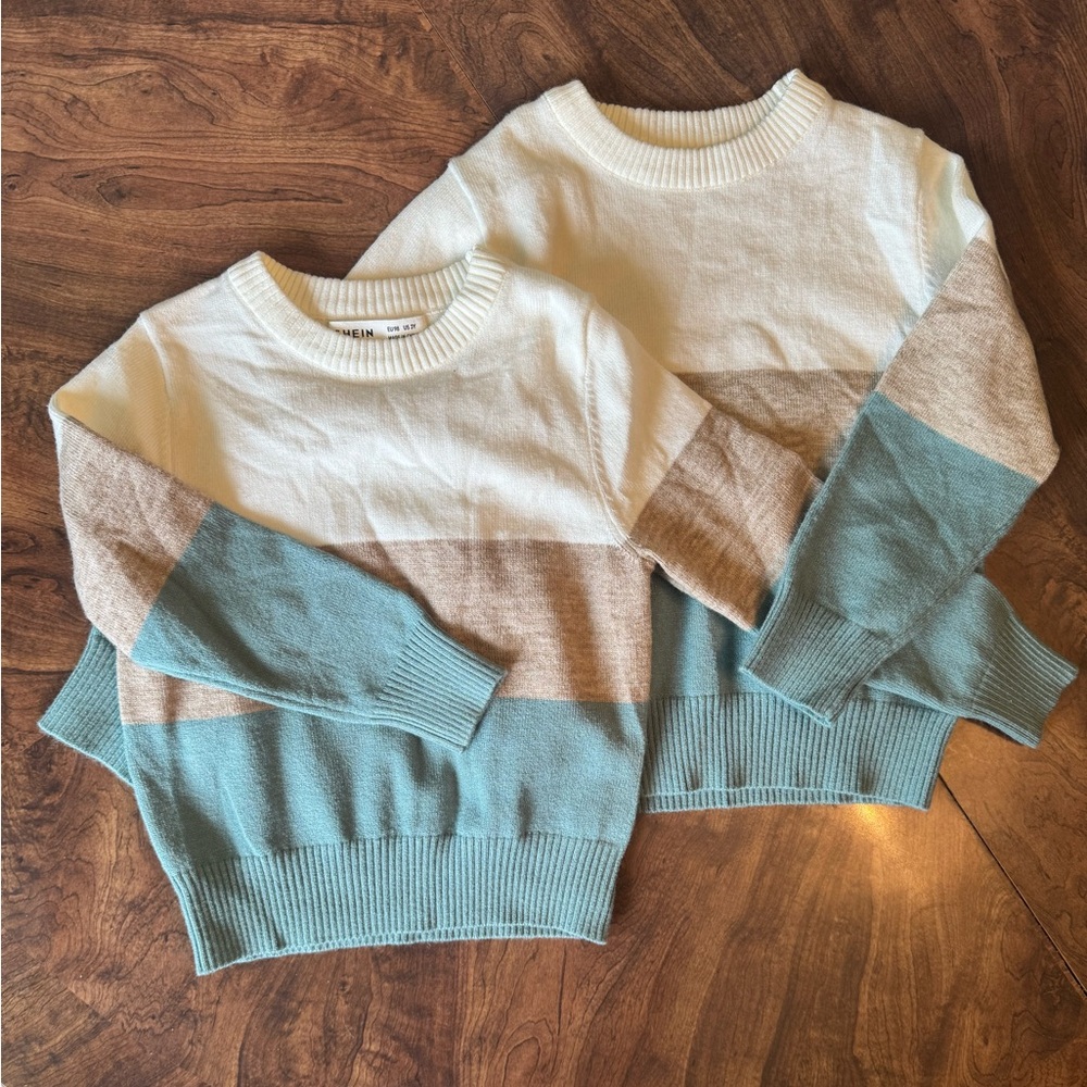 Seaglass Colorblock Crew Neck Beachy Sweaters in Teal, White, and Brown 3t & 4t